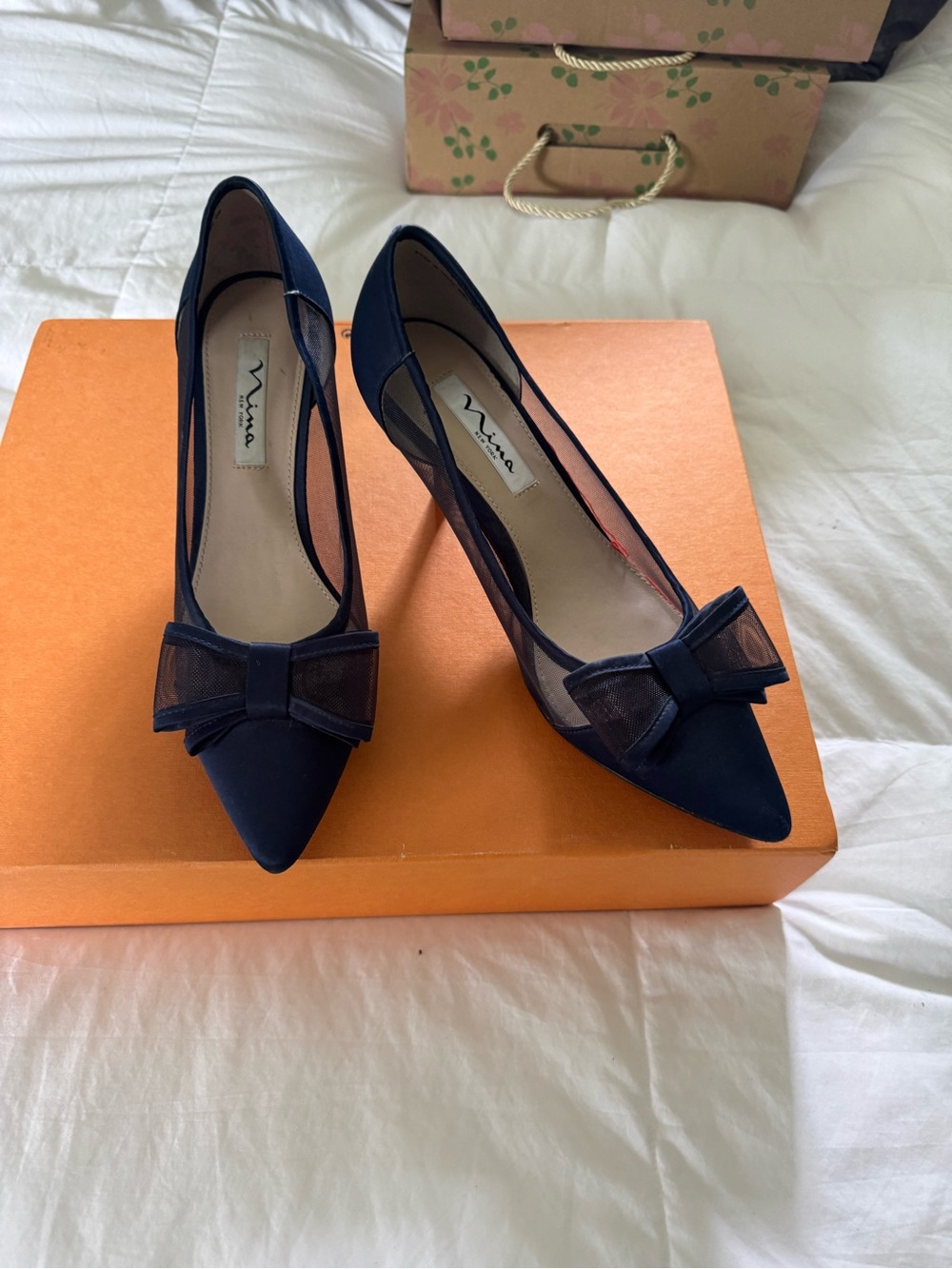 Nina Navy Pointed-Toe Bow Pumps